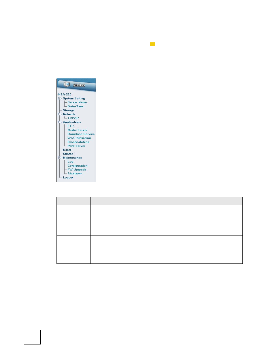 2 navigation panel, Figure 16 navigation panel links, Table 10 screens summary | ZyXEL Communications NSA-220 User Manual | Page 42 / 234