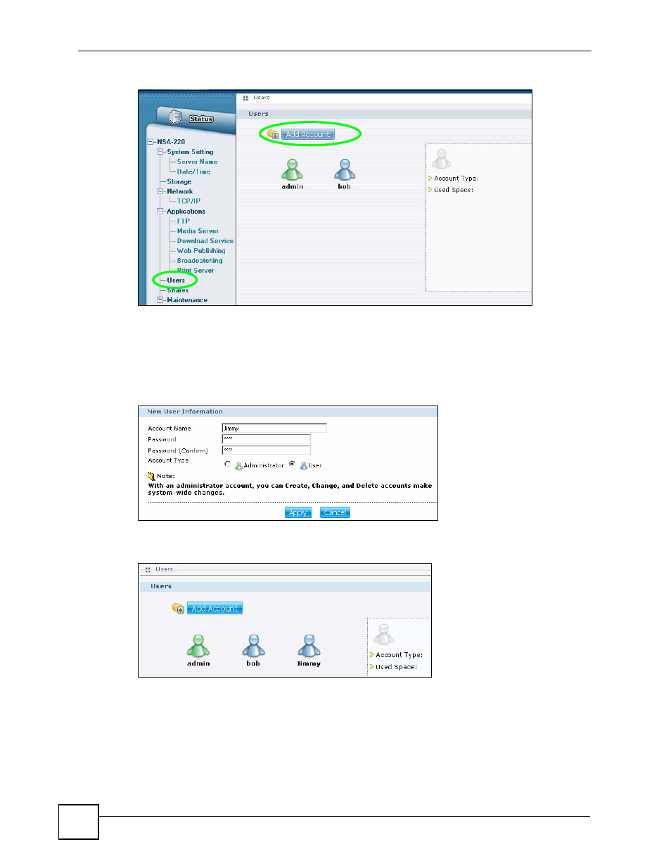 Figure 18 users, Figure 19 users > create example, Figure 20 users (account created) | ZyXEL Communications NSA-220 User Manual | Page 46 / 234