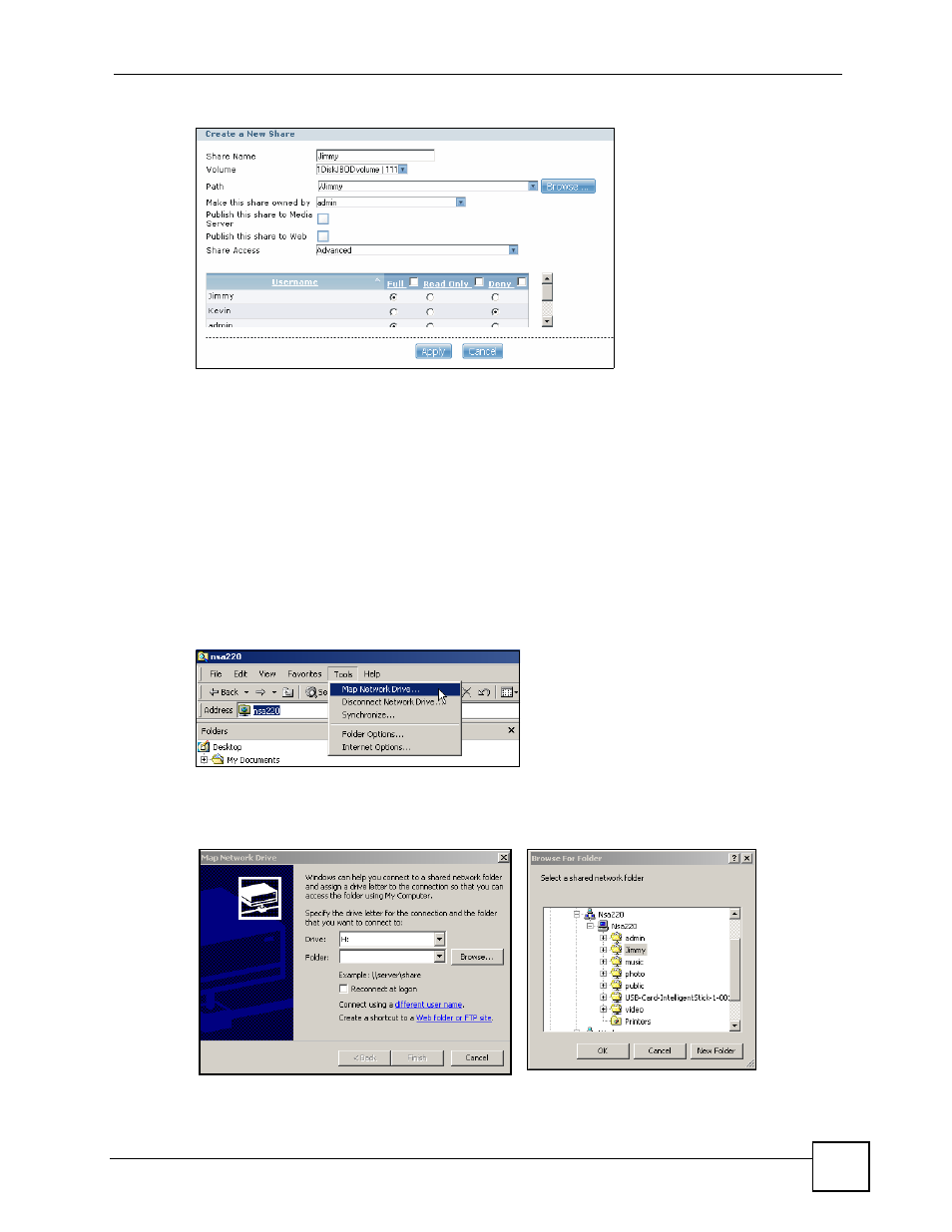 3 accessing a share from windows explorer, Figure 25 shares > create example, Figure 26 nsa top level | Figure 27 map network drive | ZyXEL Communications NSA-220 User Manual | Page 49 / 234