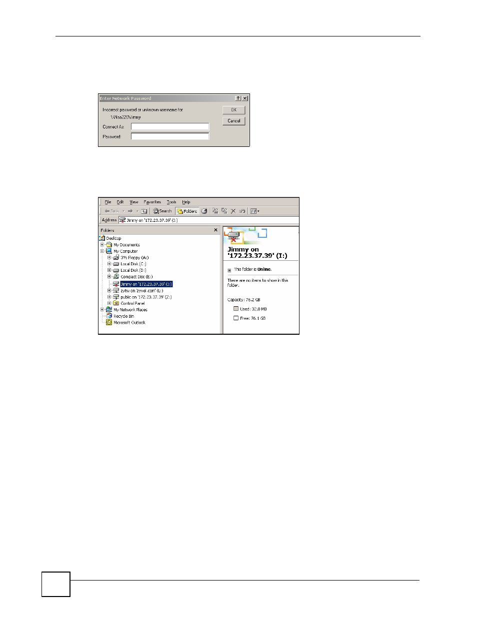 4 accessing a share using ftp, Figure 28 enter network password, Figure 29 example share mapped (folders view) | ZyXEL Communications NSA-220 User Manual | Page 50 / 234