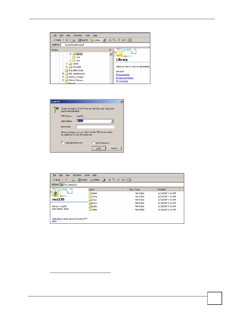 5 accessing a share through the web configurator, Figure 30 ftp example: typing the ftp target, Figure 31 ftp example: enter the password | Figure 32 ftp example: logged in | ZyXEL Communications NSA-220 User Manual | Page 51 / 234