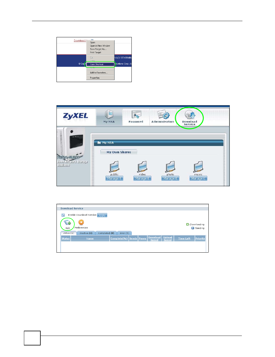 Figure 36 copy shortcut, Figure 37 download service tutorial: my nsa | ZyXEL Communications NSA-220 User Manual | Page 54 / 234