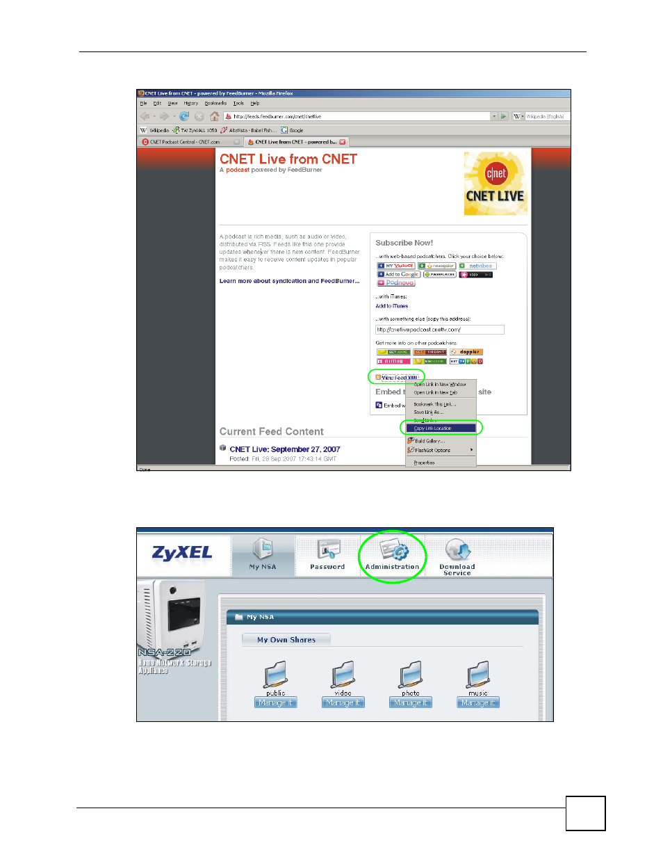 Figure 43 copy link location, Figure 44 broadcatching tutorial: my nsa | ZyXEL Communications NSA-220 User Manual | Page 57 / 234