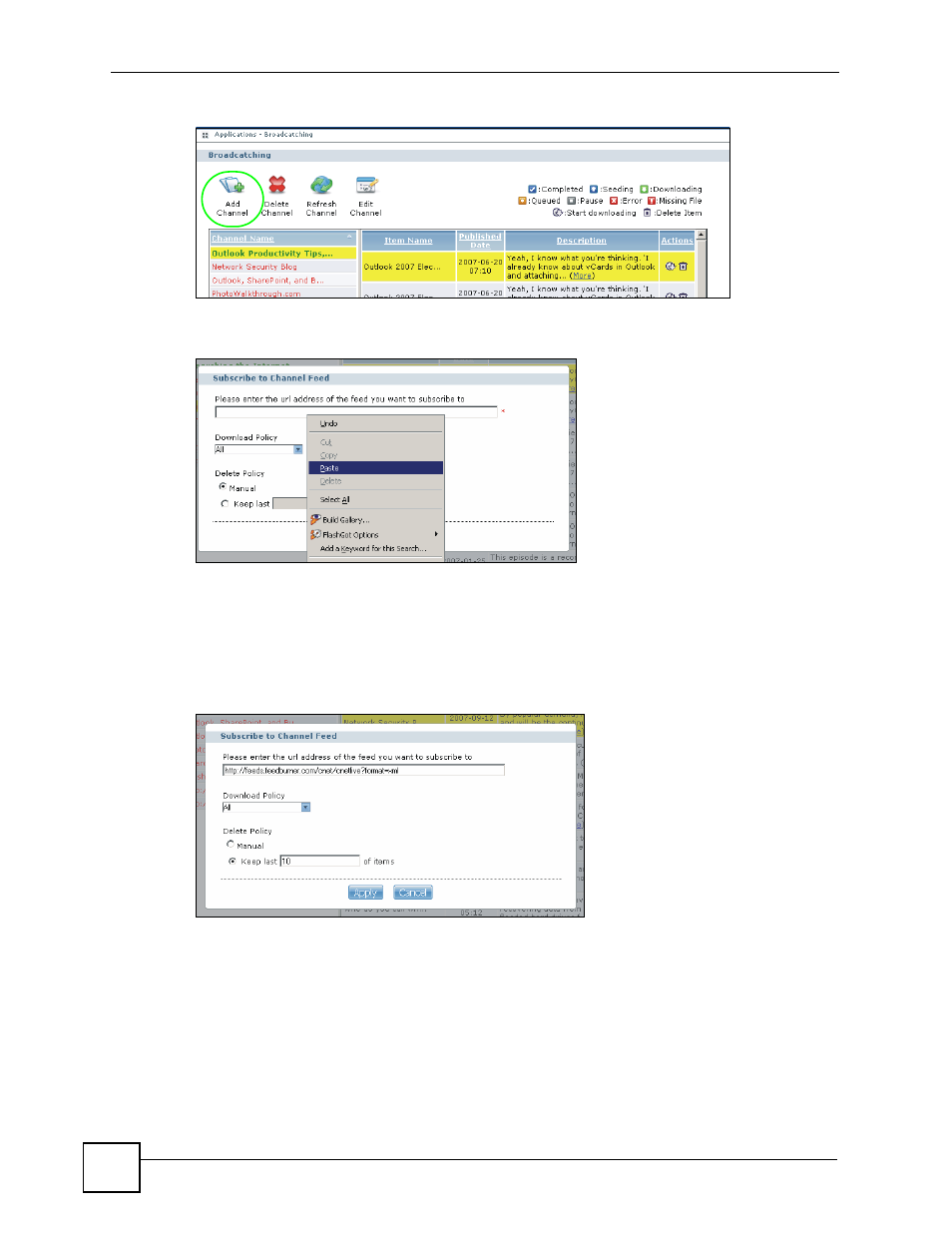 Figure 45 broadcatching tutorial: broadcatching, Figure 46 broadcatching tutorial: paste link | ZyXEL Communications NSA-220 User Manual | Page 58 / 234