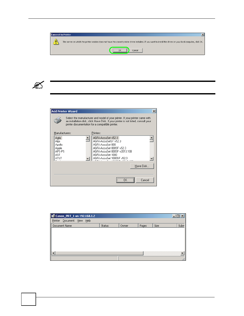 Figure 51 printer driver needed, Figure 52 applications > print server, Figure 53 printer screen in windows explorer | ZyXEL Communications NSA-220 User Manual | Page 60 / 234