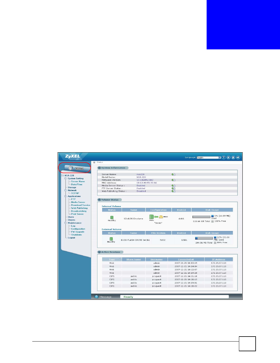 Status screen, 1 status screen, Chapter 4 status screen | Figure 54 status, Status screen (63) | ZyXEL Communications NSA-220 User Manual | Page 63 / 234