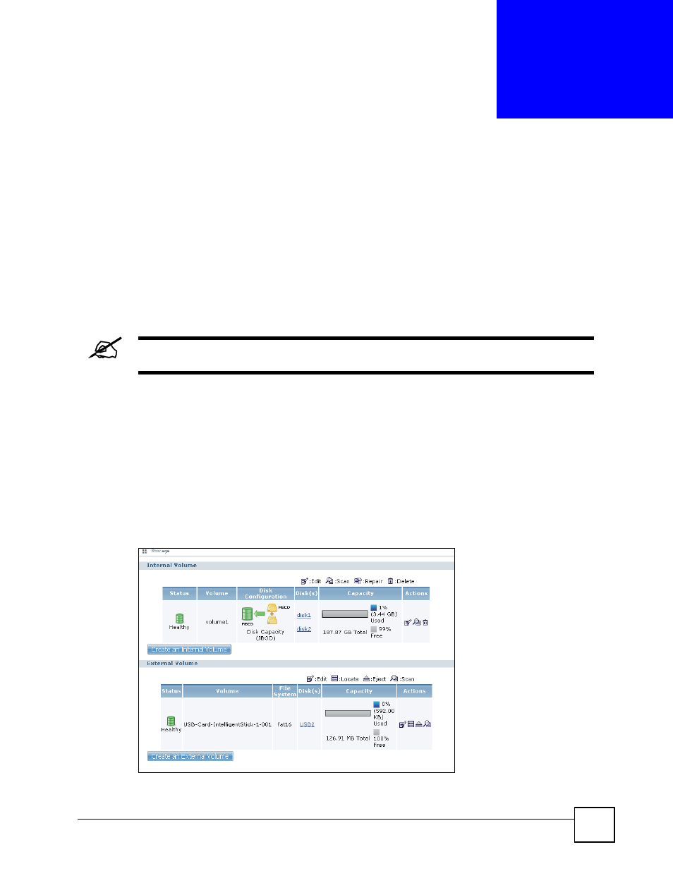 Storage screens, 1 storage introduction, 2 storage overview screen | Chapter 6 storage screens, Figure 58 system > storage, Storage screens (73) | ZyXEL Communications NSA-220 User Manual | Page 73 / 234