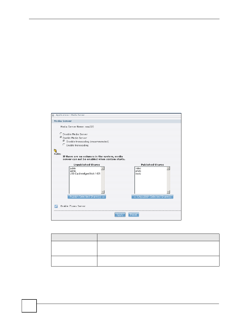 2 songs and videos from the itunes store, 4 media server screen, Figure 67 applications > media server | Table 25 applications > media server | ZyXEL Communications NSA-220 User Manual | Page 92 / 234