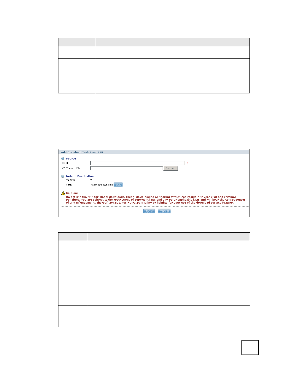 7 adding a download task, Figure 72 applications > download service > add, Table 27 applications > download service > add | 99 8.7 adding a download task | ZyXEL Communications NSA-220 User Manual | Page 99 / 234