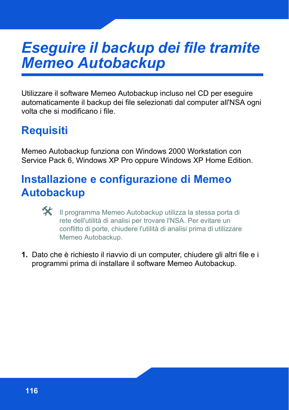 Requisiti, Installazione e configurazione di memeo autobackup | ZyXEL Communications Network Storage NSA-220 Plus User Manual | Page 116 / 216