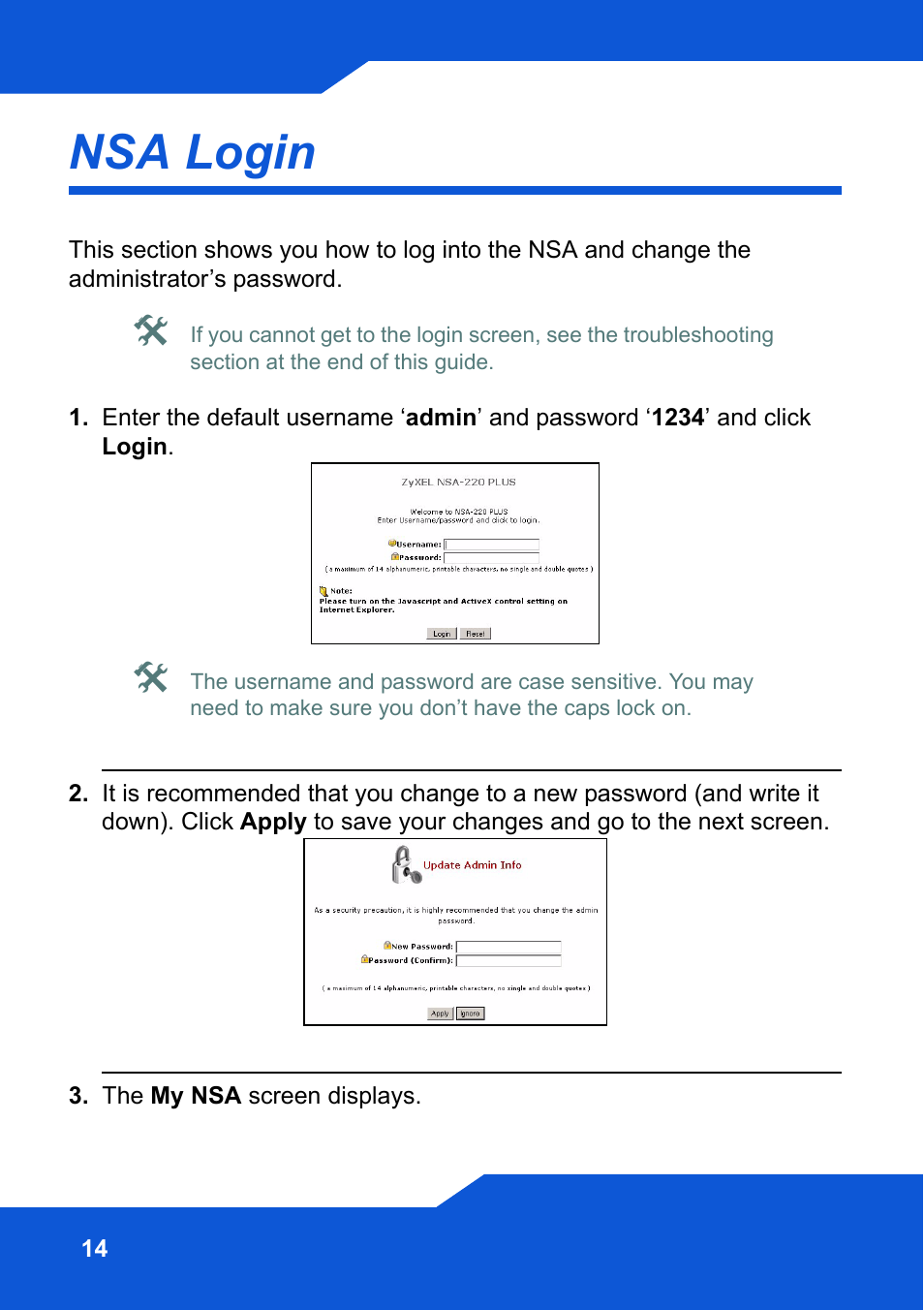 Nsa login | ZyXEL Communications Network Storage NSA-220 Plus User Manual | Page 14 / 216