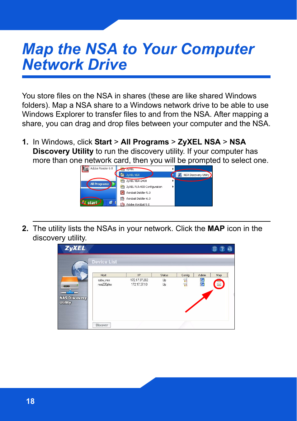 Map the nsa to your computer network drive | ZyXEL Communications Network Storage NSA-220 Plus User Manual | Page 18 / 216