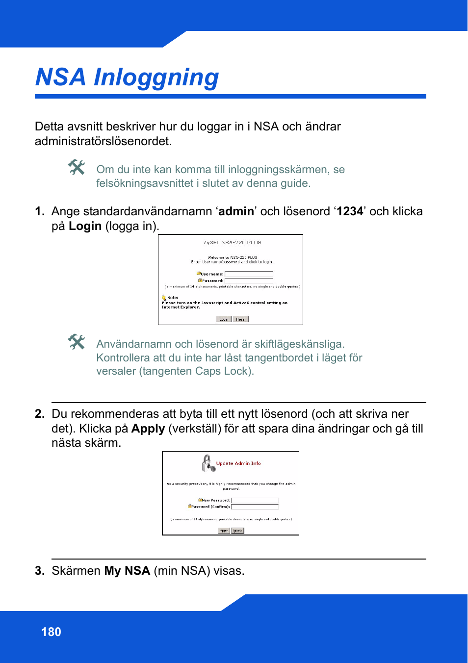 Nsa inloggning, Sida | ZyXEL Communications Network Storage NSA-220 Plus User Manual | Page 180 / 216