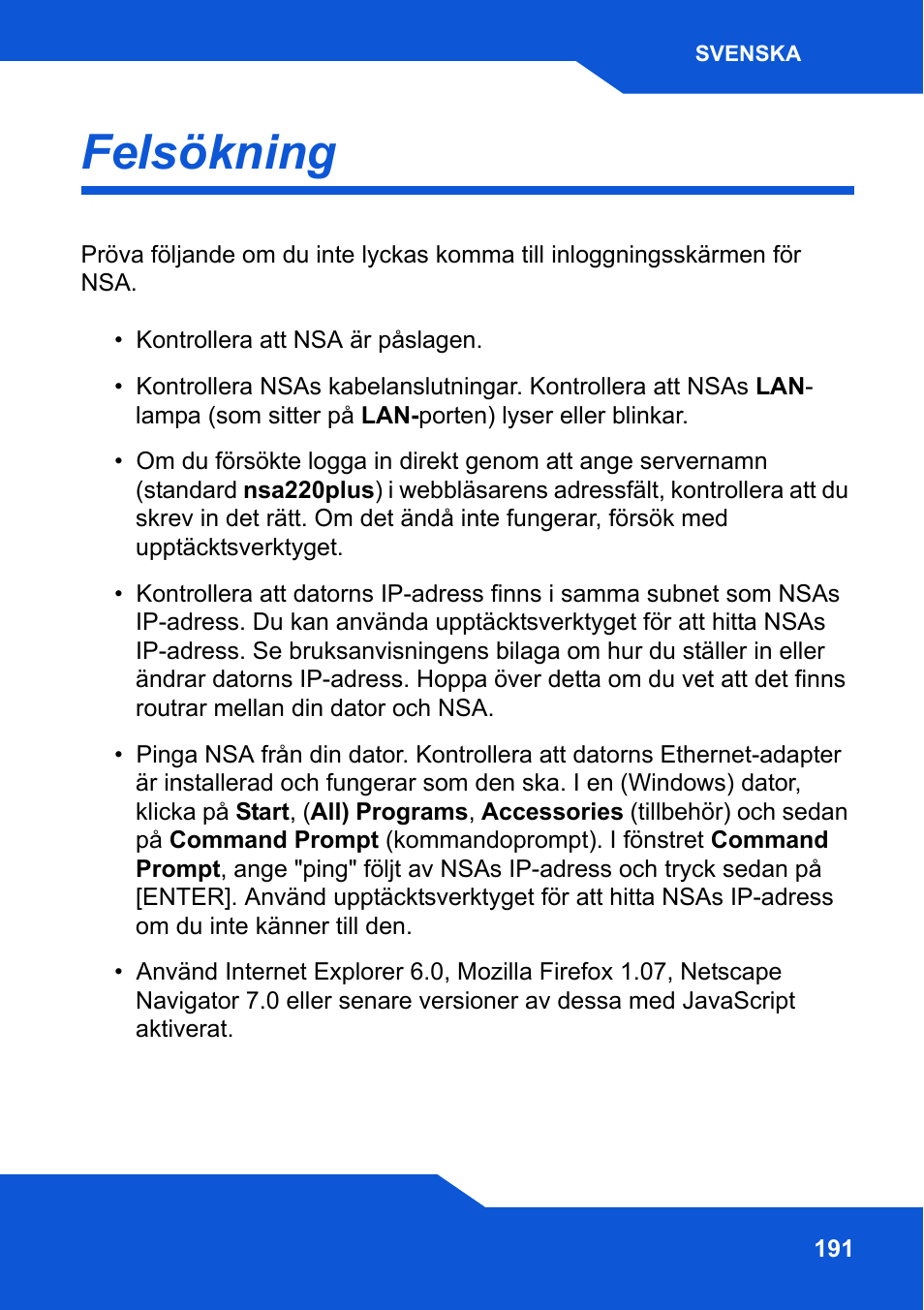Felsökning | ZyXEL Communications Network Storage NSA-220 Plus User Manual | Page 191 / 216