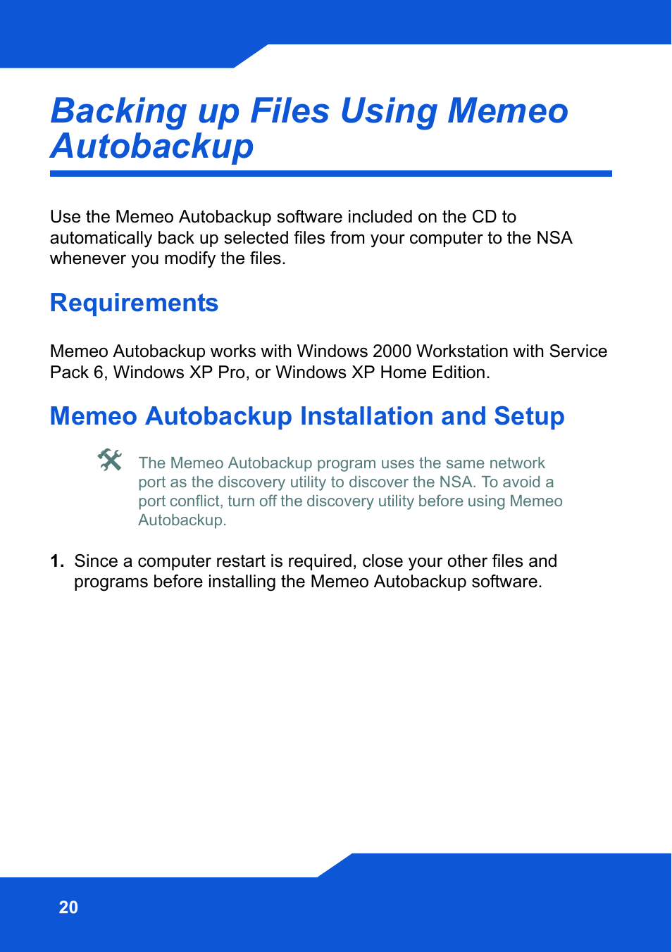 Backing up files using memeo autobackup, Requirements, Memeo autobackup installation and setup | ZyXEL Communications Network Storage NSA-220 Plus User Manual | Page 20 / 216
