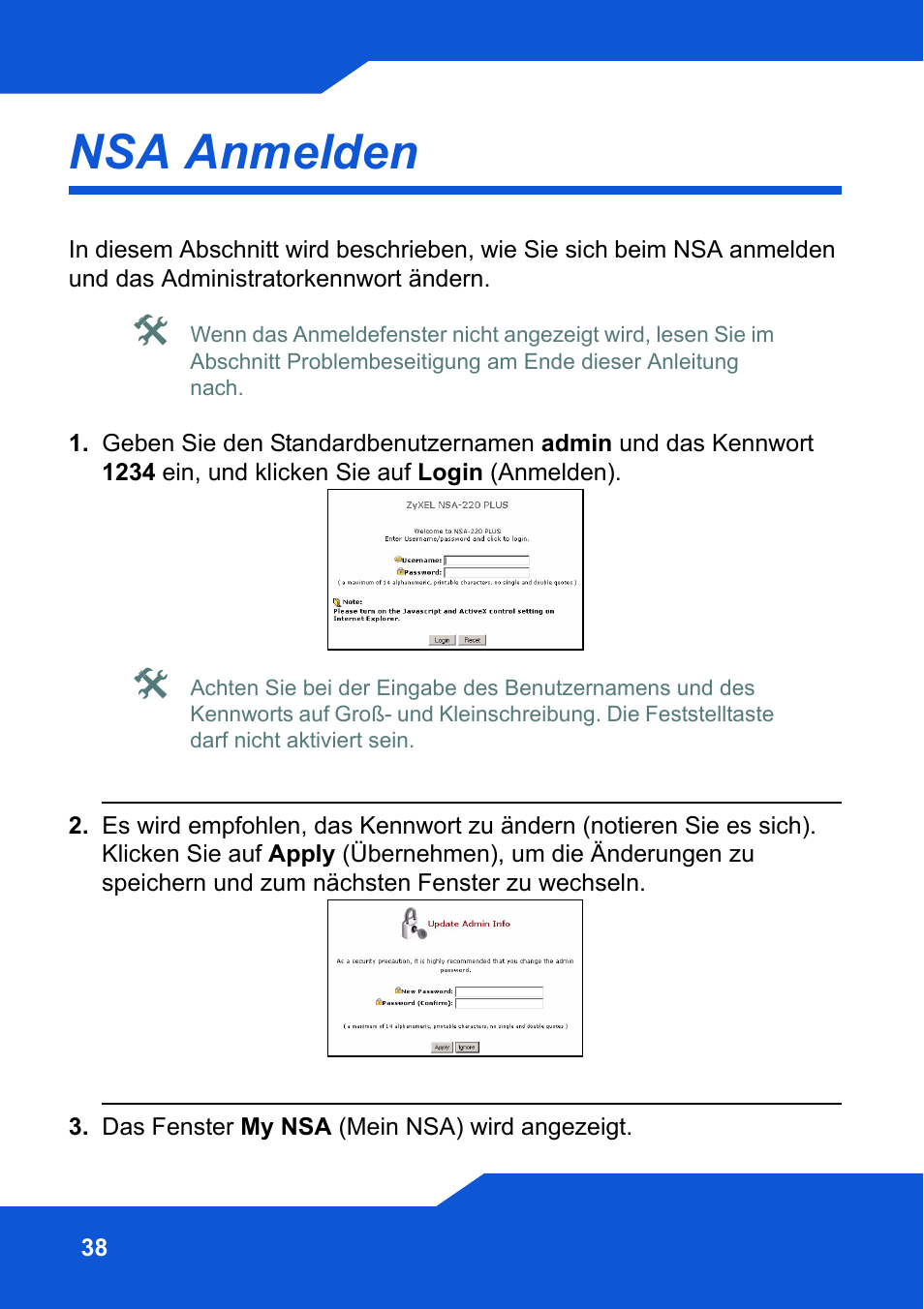 Nsa anmelden | ZyXEL Communications Network Storage NSA-220 Plus User Manual | Page 38 / 216