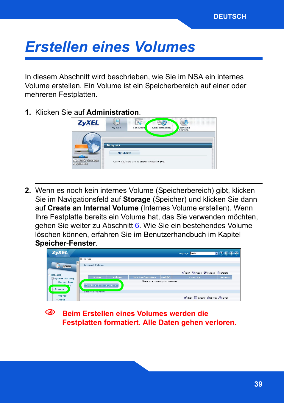 Erstellen eines volumes | ZyXEL Communications Network Storage NSA-220 Plus User Manual | Page 39 / 216