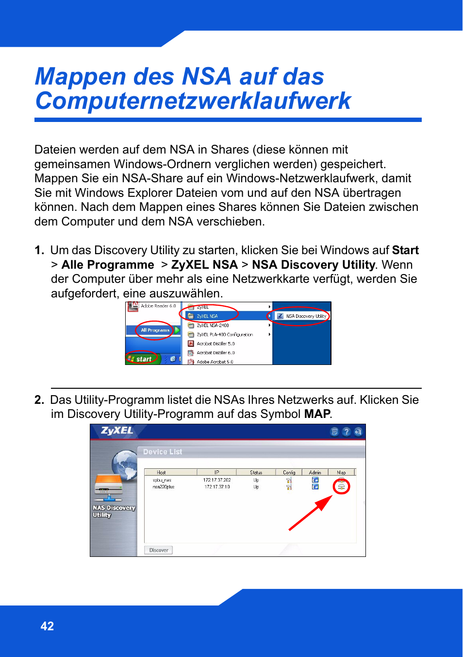 Mappen des nsa auf das computernetzwerklaufwerk | ZyXEL Communications Network Storage NSA-220 Plus User Manual | Page 42 / 216