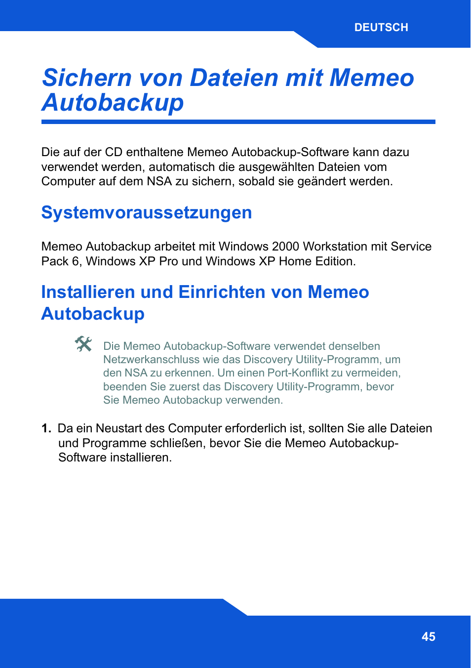 Sichern von dateien mit memeo autobackup, Systemvoraussetzungen, Installieren und einrichten von memeo autobackup | ZyXEL Communications Network Storage NSA-220 Plus User Manual | Page 45 / 216