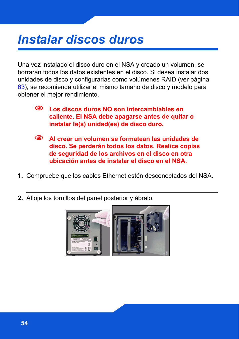 Instalar discos duros | ZyXEL Communications Network Storage NSA-220 Plus User Manual | Page 54 / 216