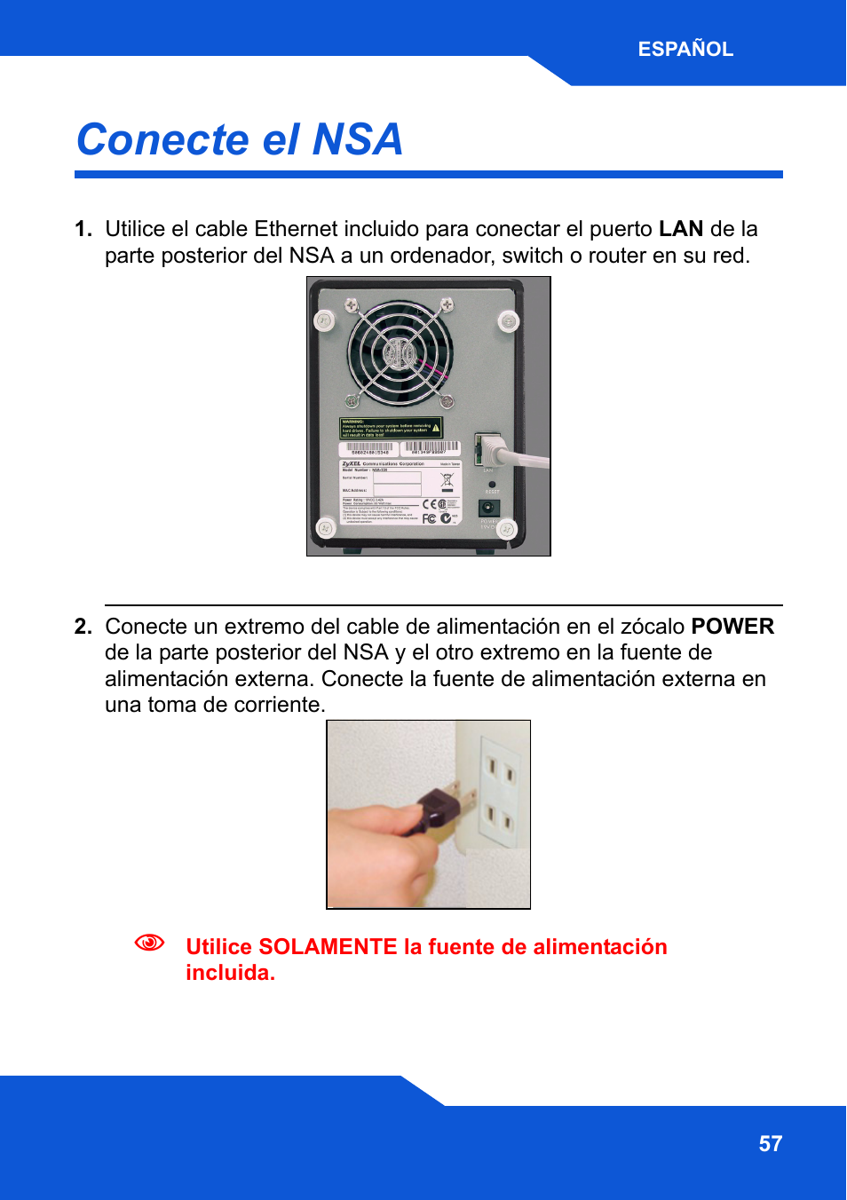 Conecte el nsa | ZyXEL Communications Network Storage NSA-220 Plus User Manual | Page 57 / 216