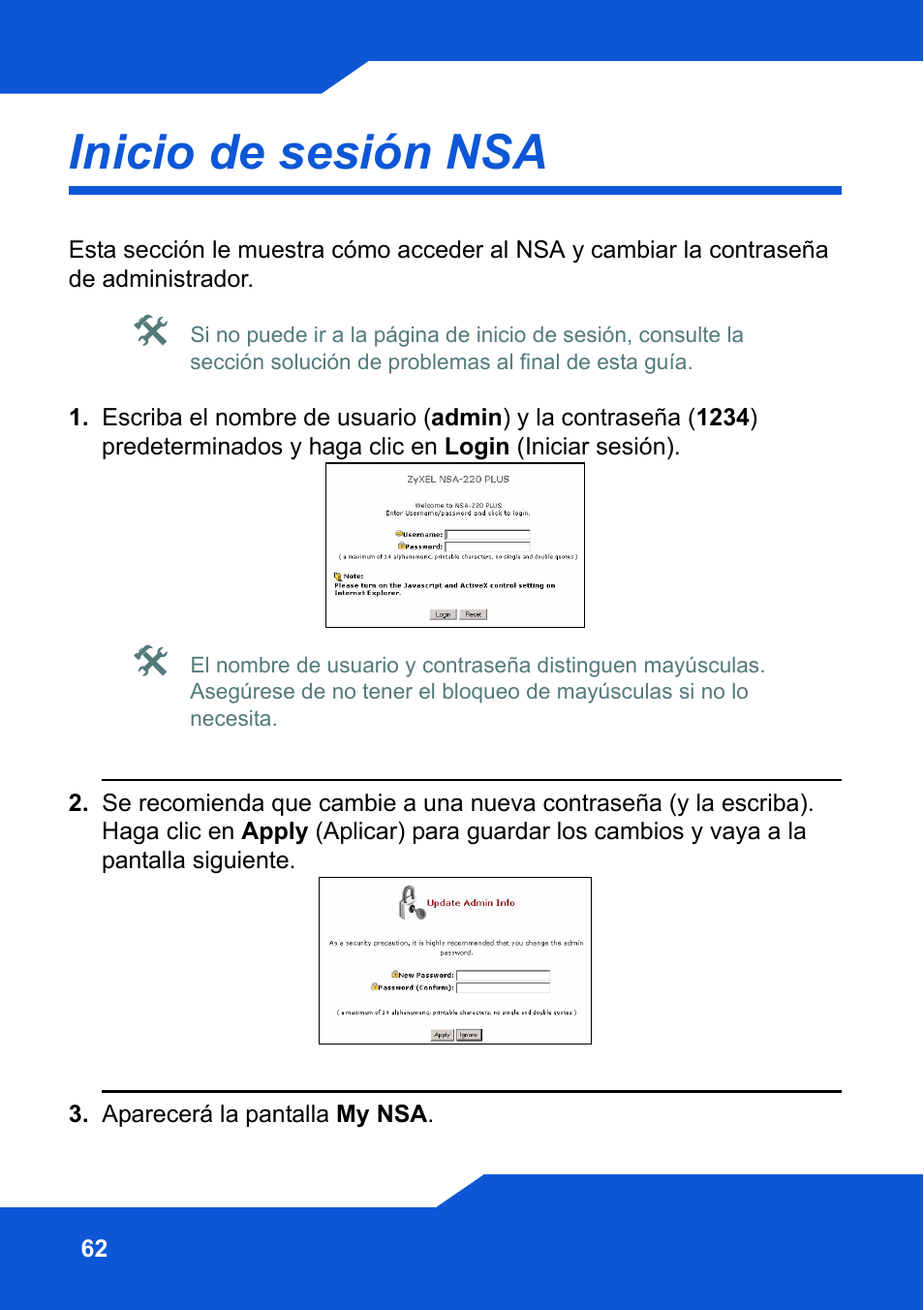 Inicio de sesión nsa | ZyXEL Communications Network Storage NSA-220 Plus User Manual | Page 62 / 216