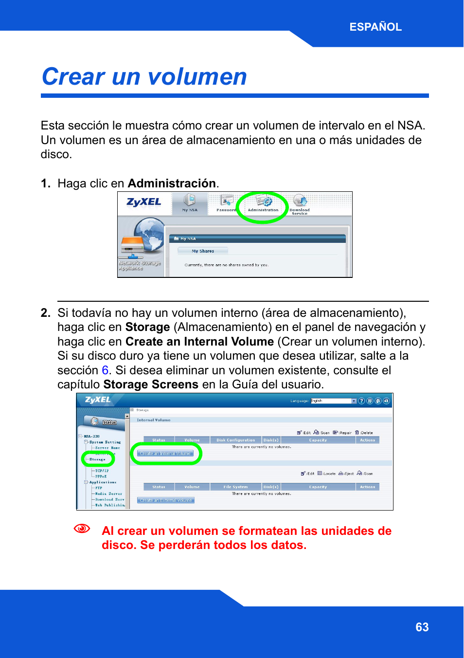 Crear un volumen | ZyXEL Communications Network Storage NSA-220 Plus User Manual | Page 63 / 216
