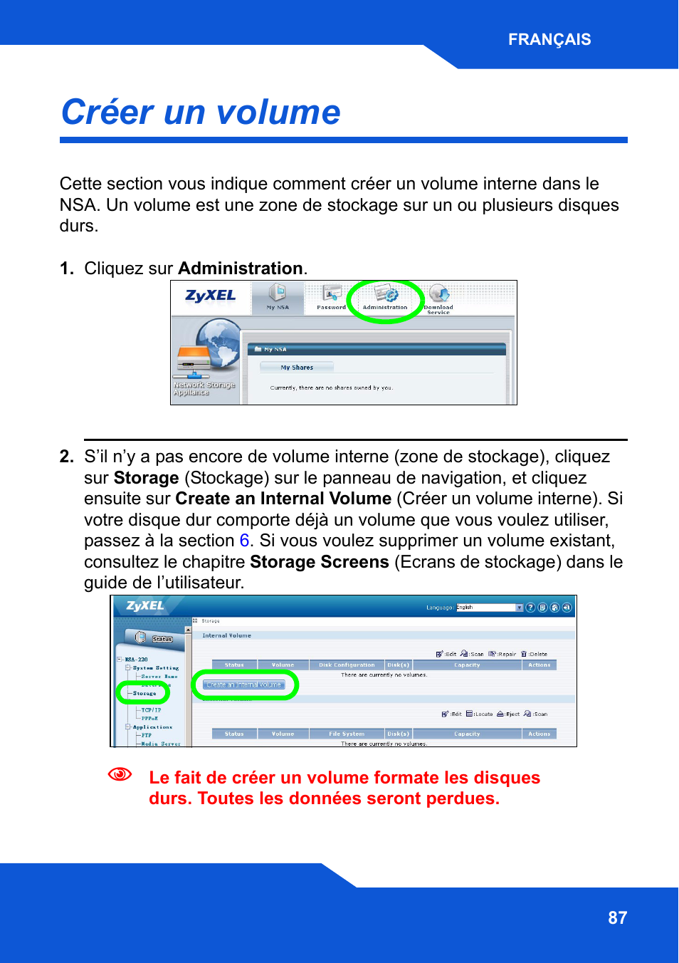 Créer un volume | ZyXEL Communications Network Storage NSA-220 Plus User Manual | Page 87 / 216