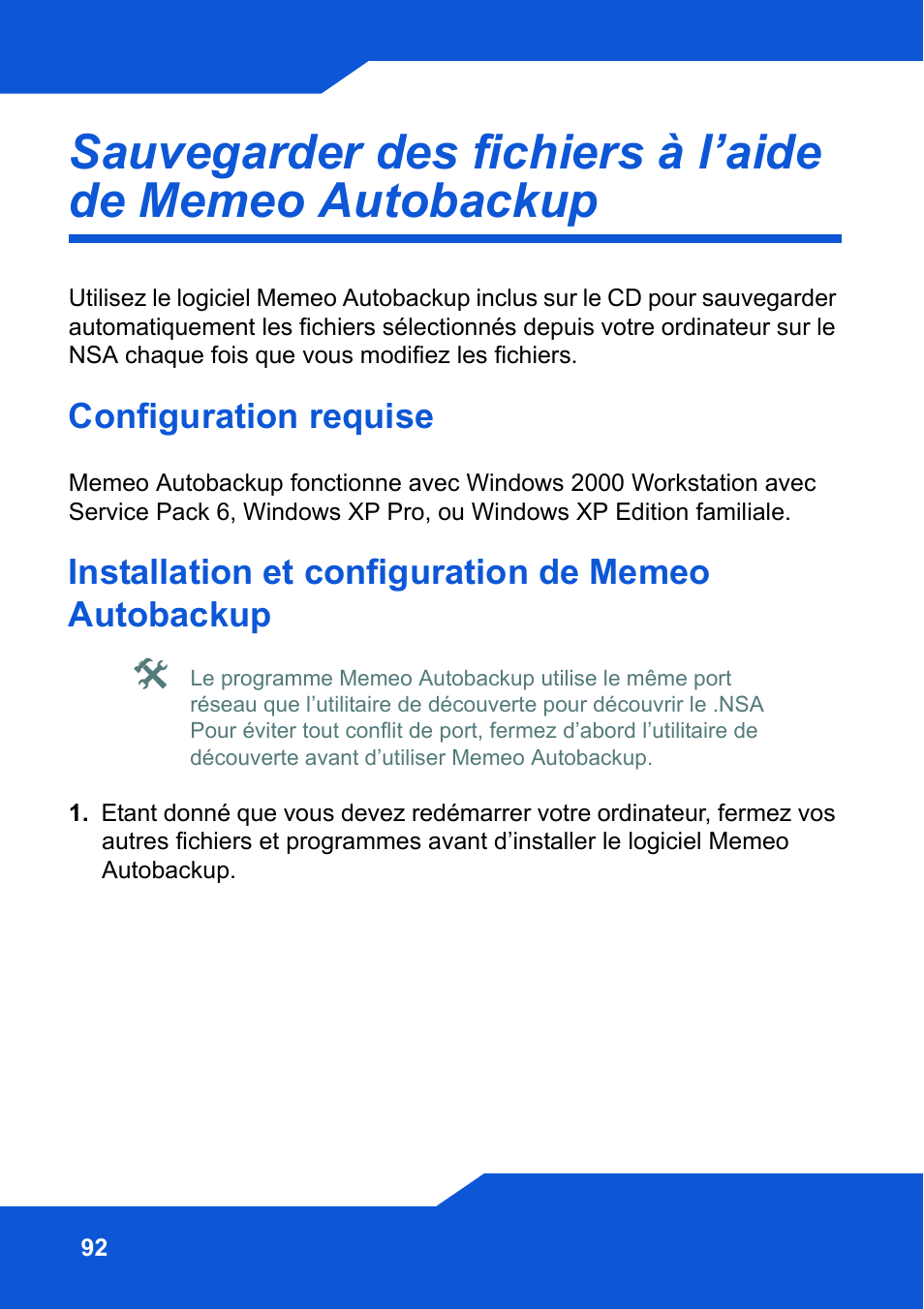 Configuration requise, Installation et configuration de memeo autobackup | ZyXEL Communications Network Storage NSA-220 Plus User Manual | Page 92 / 216