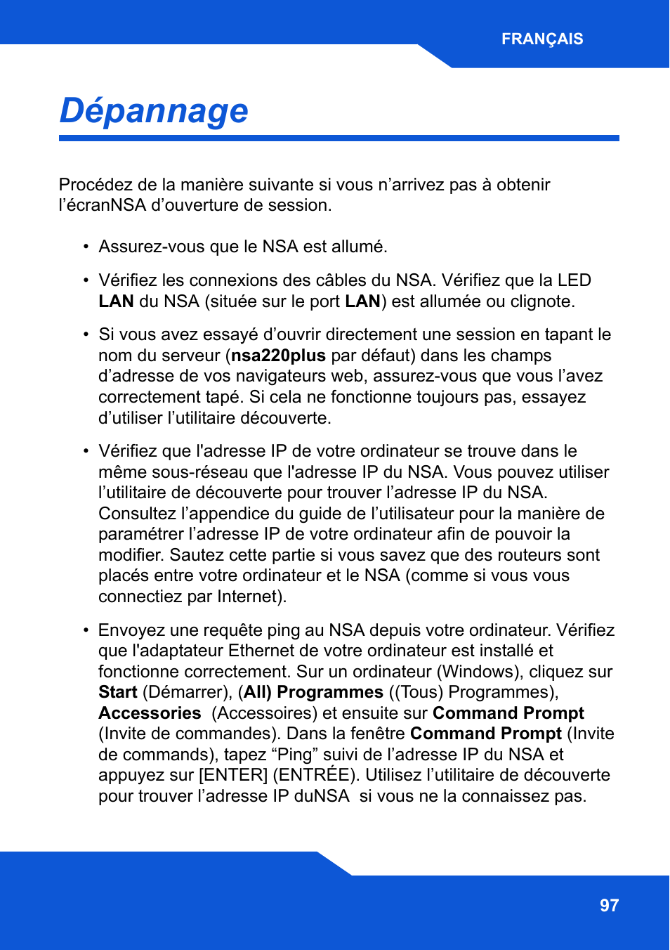 Dépannage | ZyXEL Communications Network Storage NSA-220 Plus User Manual | Page 97 / 216