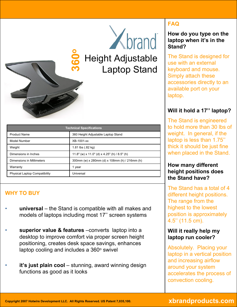 Height adjustable laptop stand | Xbrand 360o Swivel User Manual | Page 2 / 2