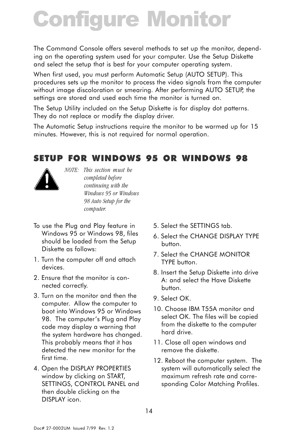 Configure monitor, Setup for windows 95 or 98, Setup for windows 95 or windows 98 | Z Microsystems 15 User Manual | Page 14 / 35