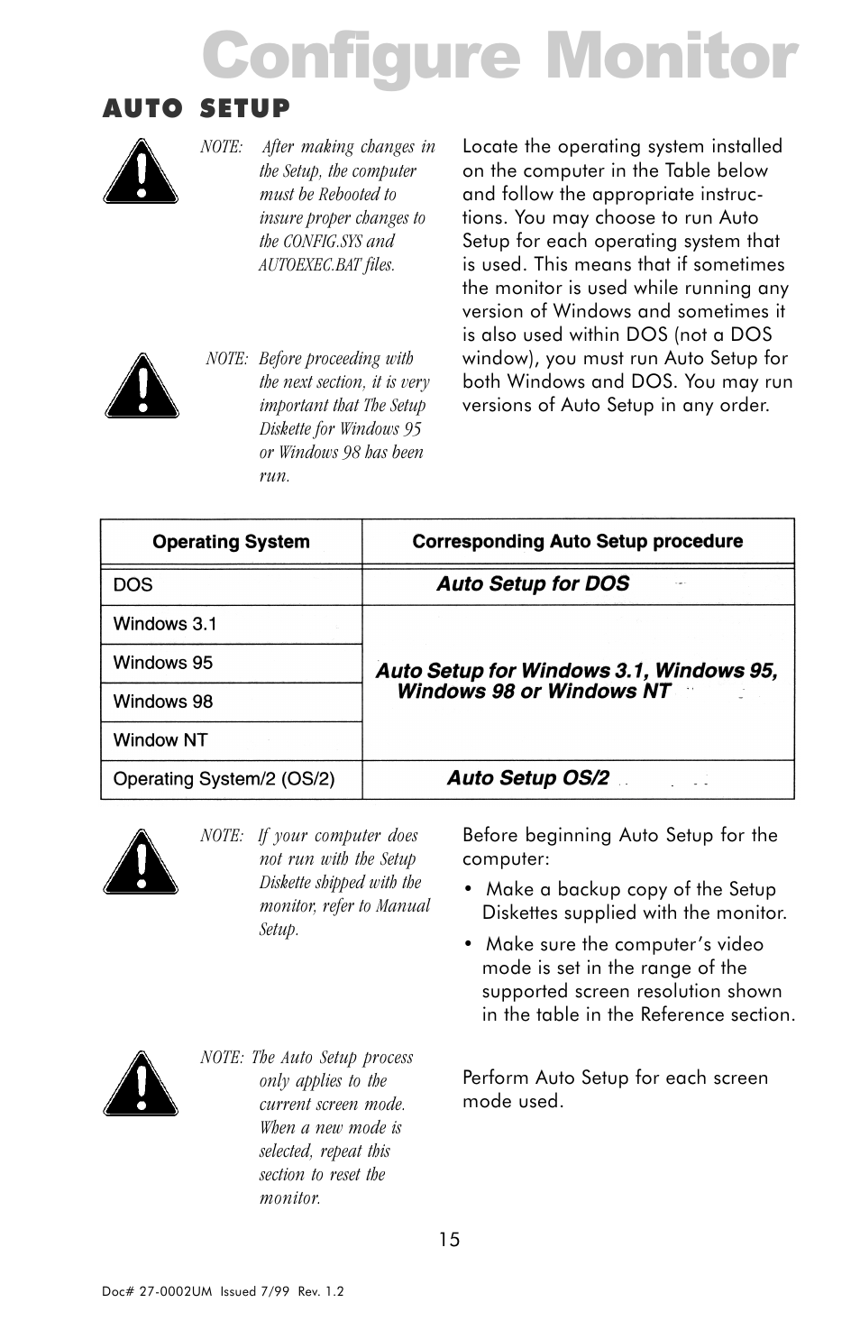 Auto setup, Auto setup for dos, Configure monitor | Z Microsystems 15 User Manual | Page 15 / 35