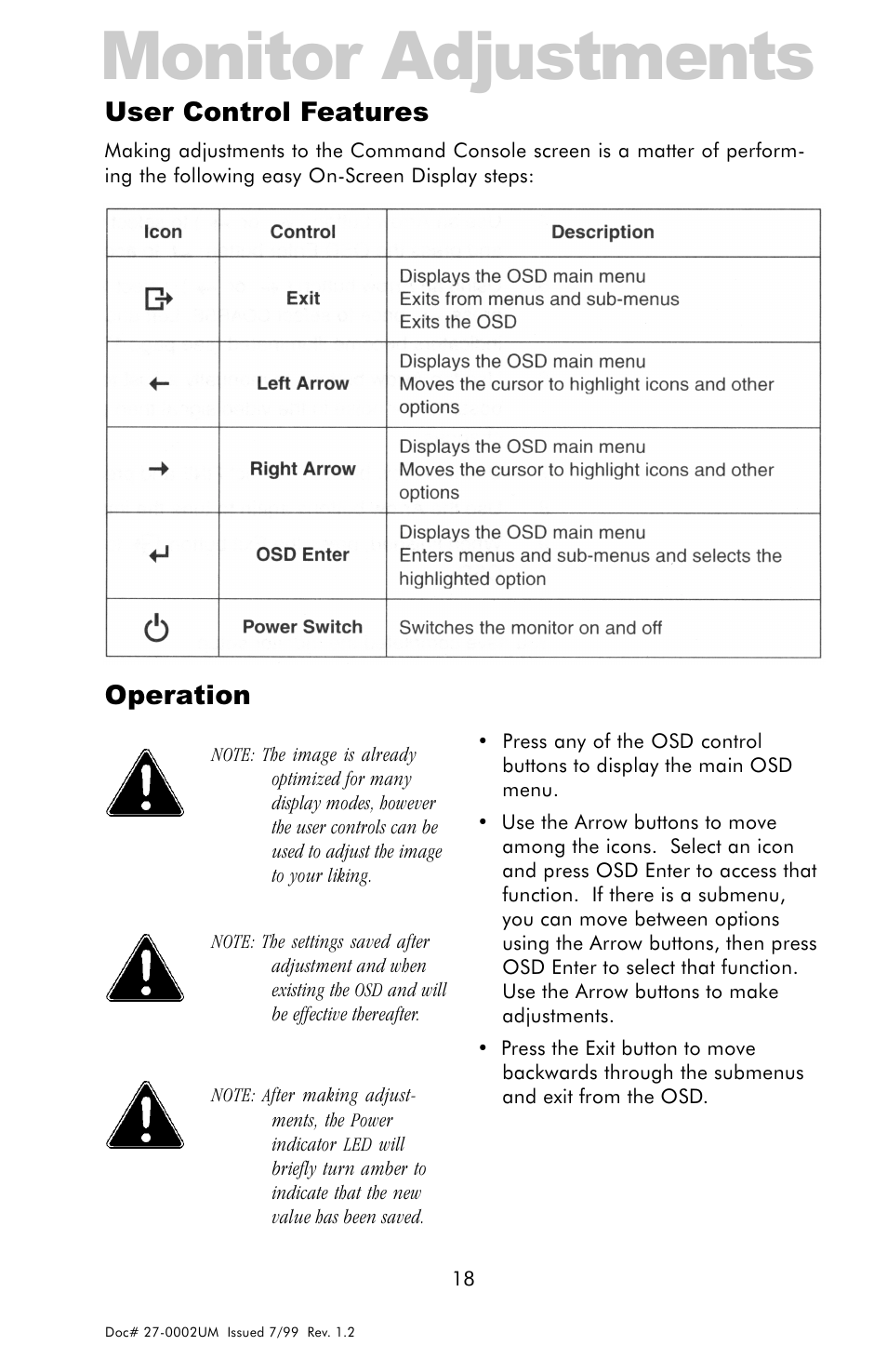 Adjustments, User control features, Operation | Monitor adjustments, Operation user control features | Z Microsystems 15 User Manual | Page 18 / 35