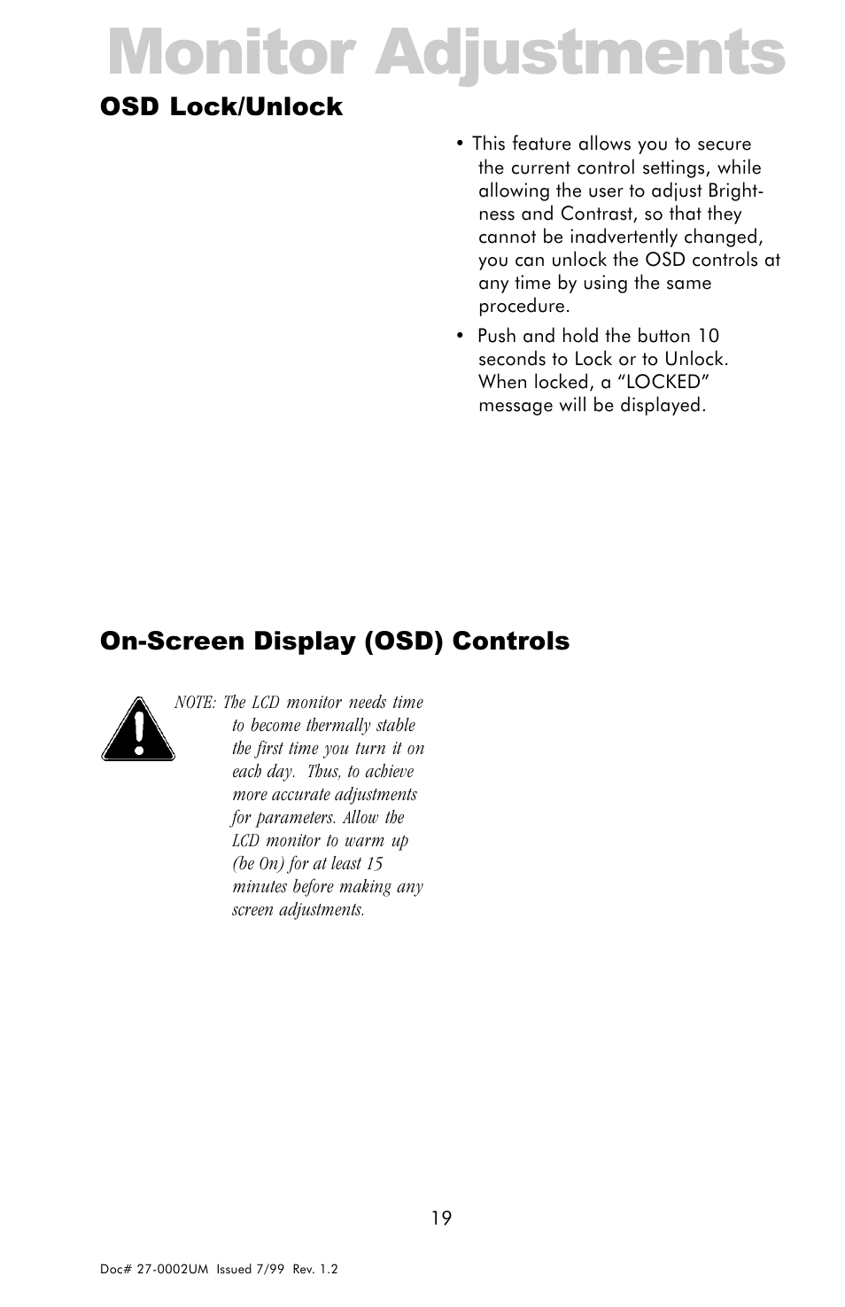 Osd lock/unlock, On-screen display (osd), Monitor adjustments | On-screen display (osd) controls | Z Microsystems 15 User Manual | Page 19 / 35