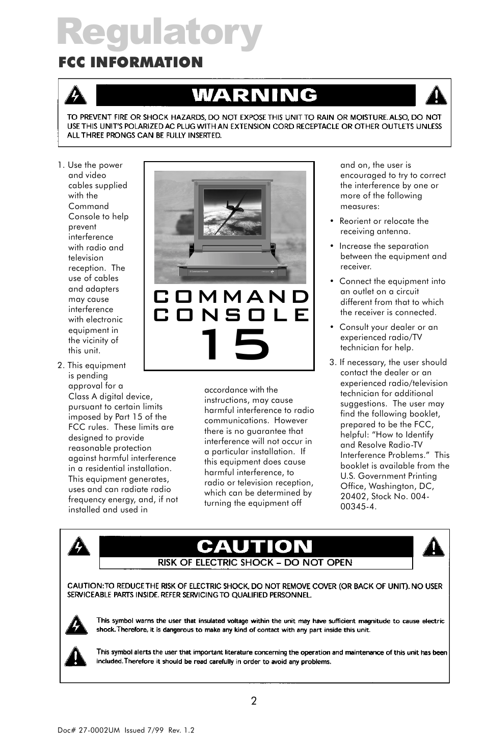 Regulatory, Command co nso l e, Fcc information | Z Microsystems 15 User Manual | Page 2 / 35