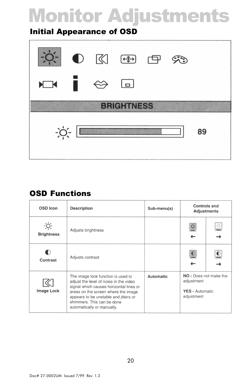 Osd functions, Monitor adjustments | Z Microsystems 15 User Manual | Page 20 / 35
