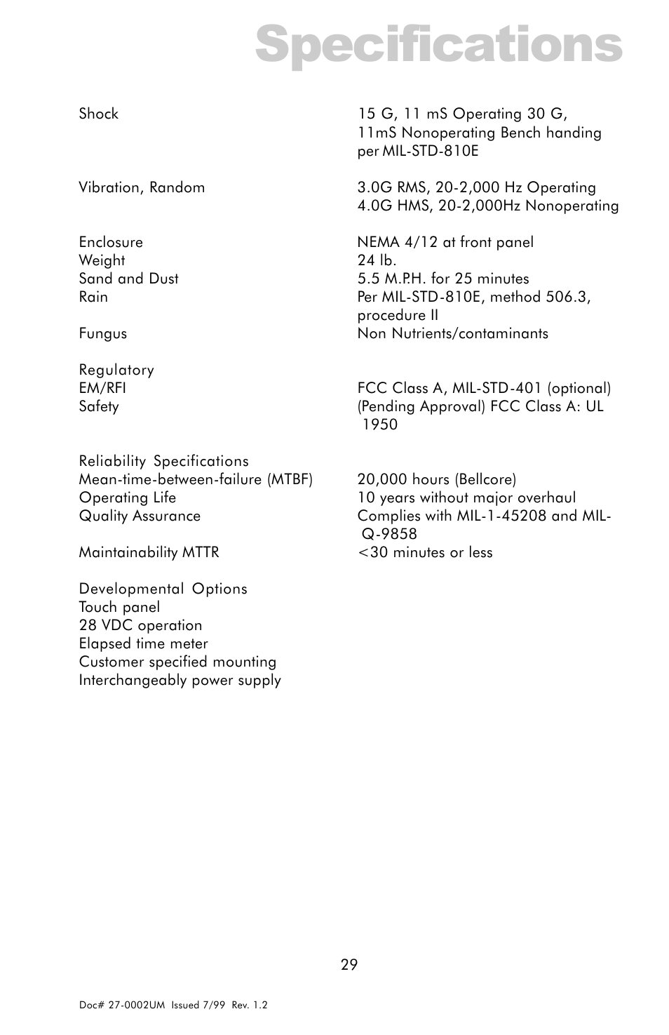Regulatory, Reliability specifications, Developmental options | Specifications | Z Microsystems 15 User Manual | Page 29 / 35