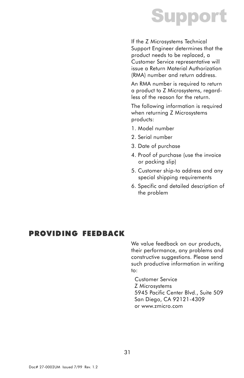 Replacing parts, Providing feedback, Support | Z Microsystems 15 User Manual | Page 31 / 35