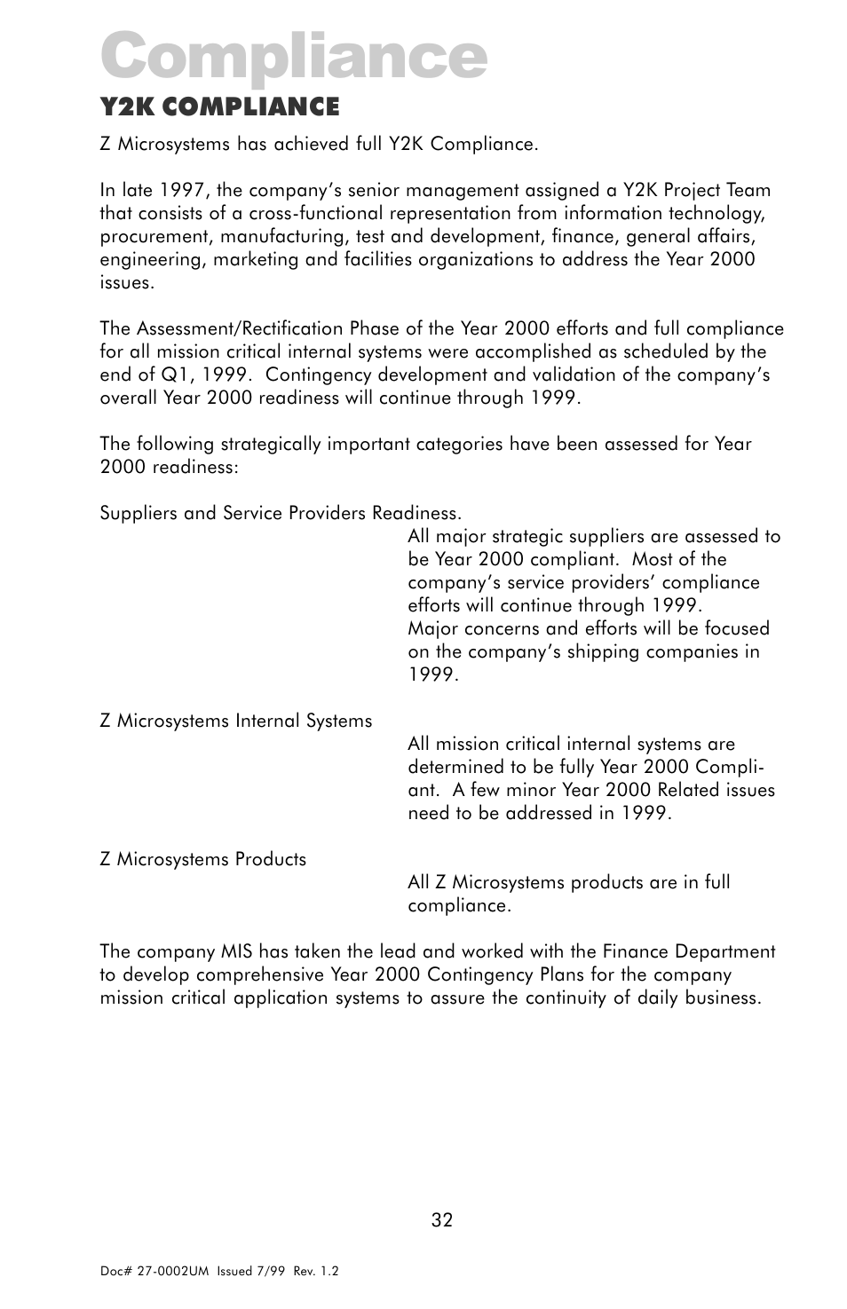 Y2k compliance, Compliance | Z Microsystems 15 User Manual | Page 32 / 35