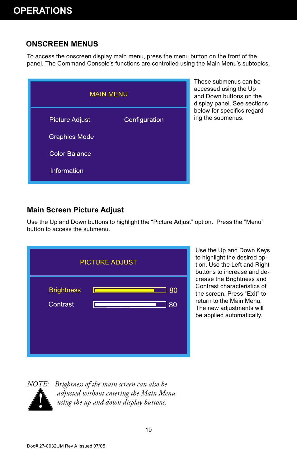 Operations, Main screen picture adjust, Onscreen menus | Z Microsystems SL User Manual | Page 19 / 51