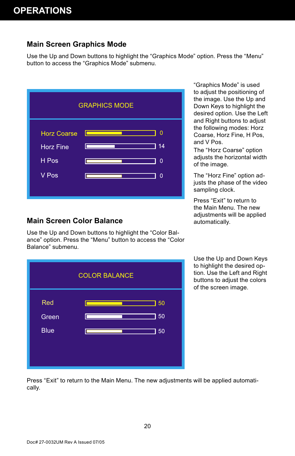 Operations, Main screen graphics mode, Main screen color balance | Z Microsystems SL User Manual | Page 20 / 51