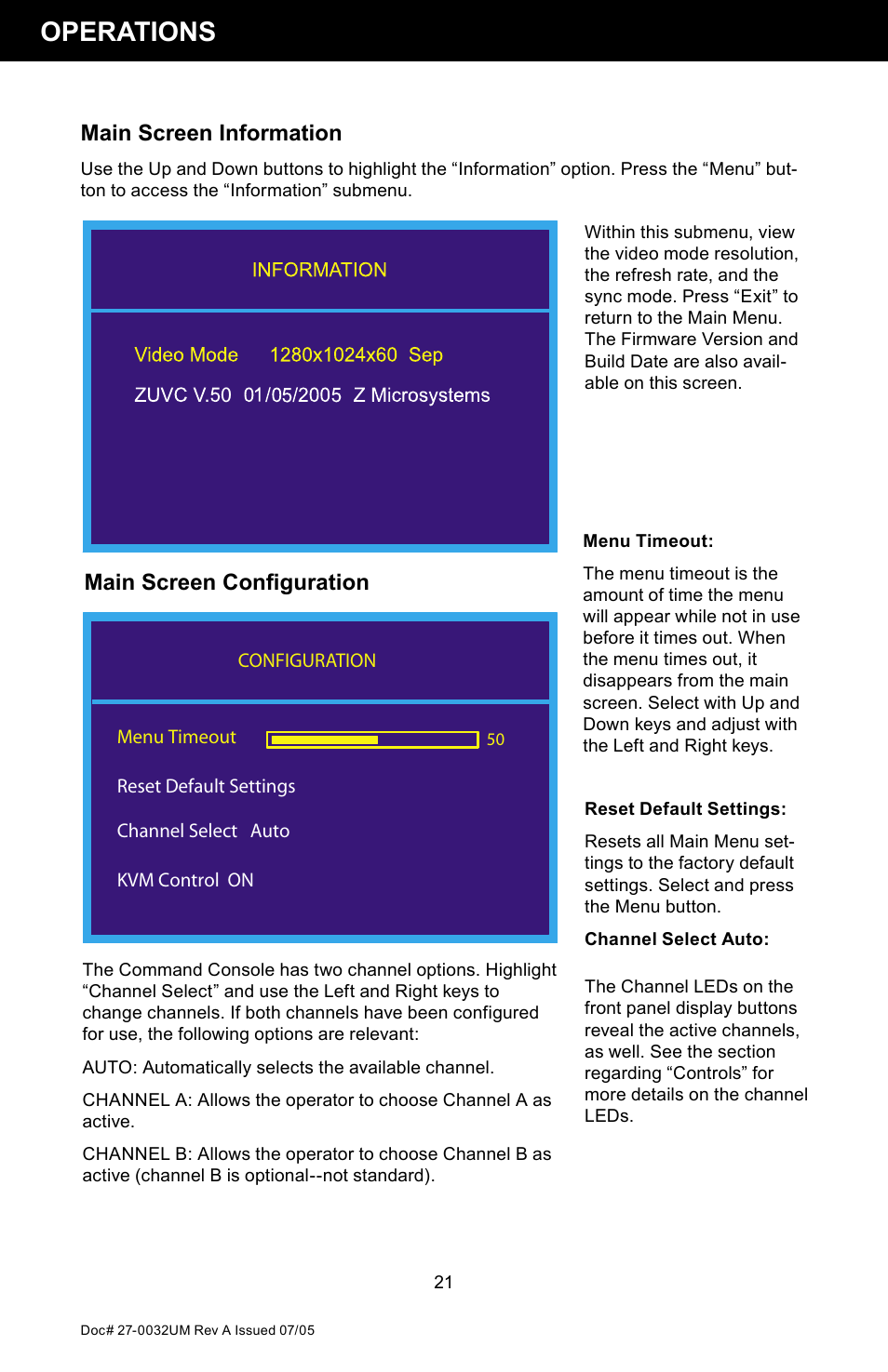 Operations, Main screen information, Main screen conﬁguration | Z Microsystems SL User Manual | Page 21 / 51
