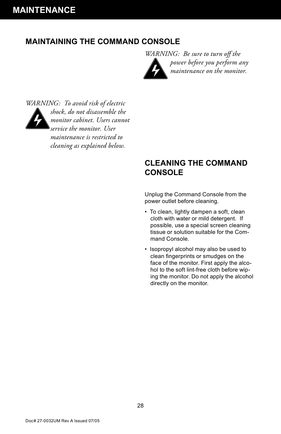 Maintenance, Cleaning the command console, Maintaining the command console | Z Microsystems SL User Manual | Page 28 / 51