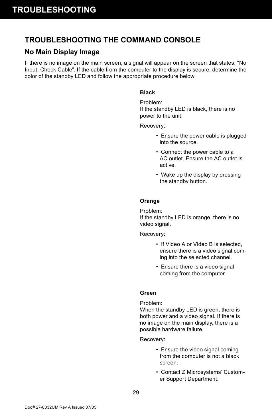 Troubleshooting, Troubleshooting the command console, No main display image | Z Microsystems SL User Manual | Page 29 / 51