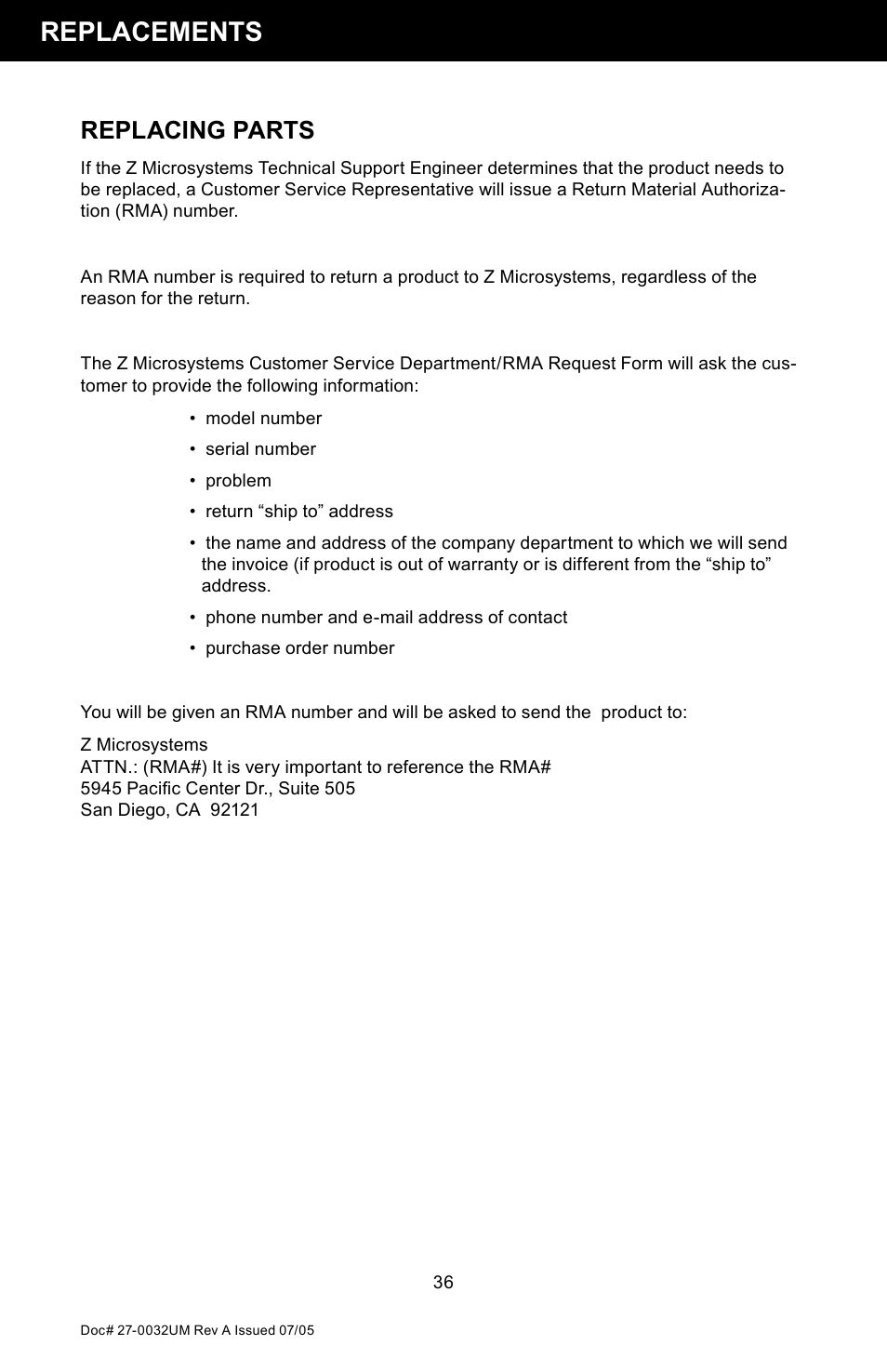Replacements, Replacing parts | Z Microsystems SL User Manual | Page 36 / 51