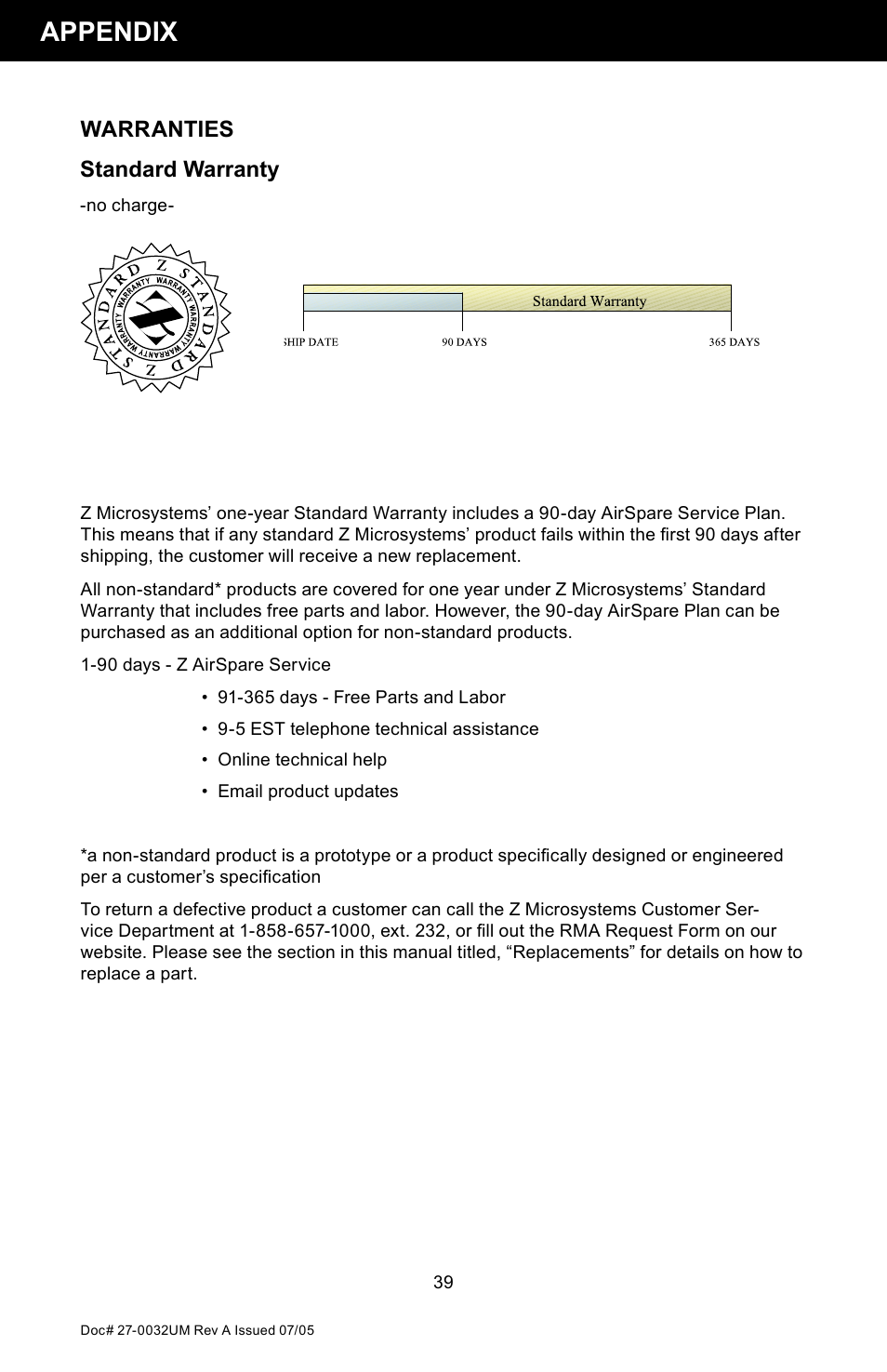 Appendix, Standard warranty, Warranties | Z Microsystems SL User Manual | Page 39 / 51