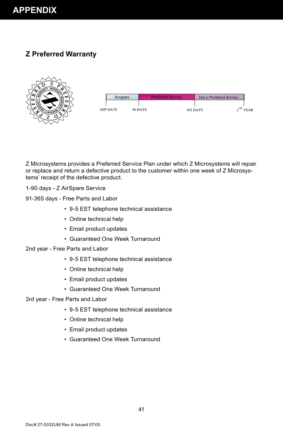 Appendix, Z preferred warranty | Z Microsystems SL User Manual | Page 41 / 51