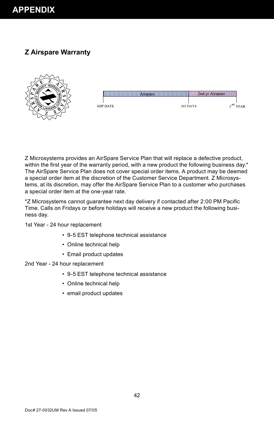 Appendix, Z airspare warranty | Z Microsystems SL User Manual | Page 42 / 51