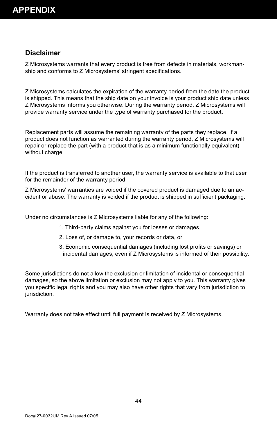 Appendix, Disclaimer | Z Microsystems SL User Manual | Page 44 / 51